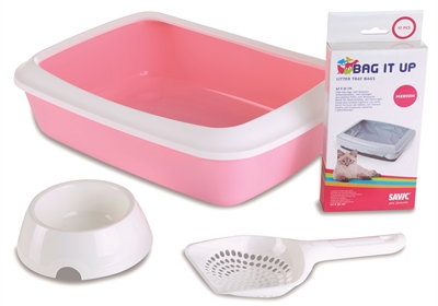 Savic kitten kattenbak iriz startset | roze/wit 42x31x12,5 cm