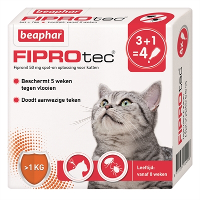 Beaphar fiprotec kat tegen vlooien & teken | 3+1 pipet >1 kg & 8 weken