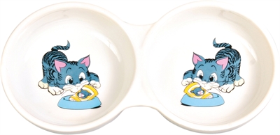Trixie dubbele voerbak/waterbak stripkat | keramiek wit 2x150ml
