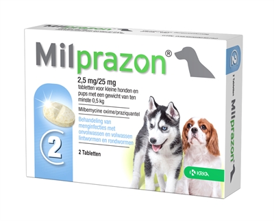 Krka milprazon ontwormingstabletten hond | >0,5 kg 2,5 mg/25 mg 2 tbl