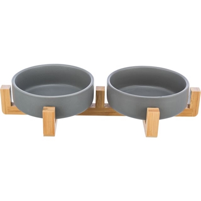 Trixie keramiek voerbak drinkbak set grijs/hout | 31x16x6 cm