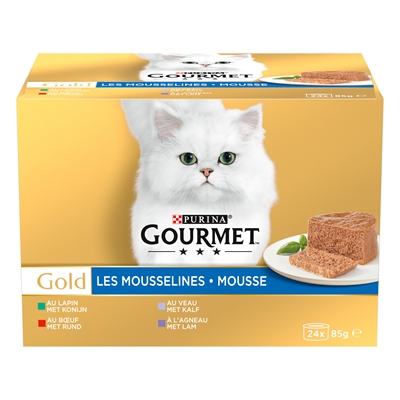Gourmet mousse konijn/rund/kalf/lam 24x85 g – mix smaak