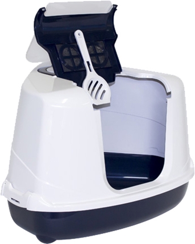 Moderna hoek kattenbak flip donkerblauw / wit