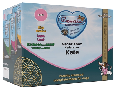 RENSKE Vers Vlees Variatiebox Kate 100% natuurlijk, vers gestoomd & vacuüm geseald, met zalmolie + glucosamine - Assorti - 12x395g (4860g)