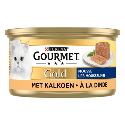 GOURMET Kattenmousse Gold Fijne Kalkoen - Volledige voeding, Malse mousse, Hoogwaardige receptuur - Goud - 24x85 g