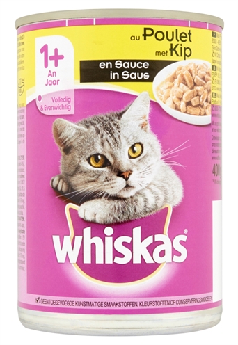 WHISKAS Blik kattenvoer Adult Brokjes in saus Kip Volledige voeding met vitamines & mineralen - 12x400 g