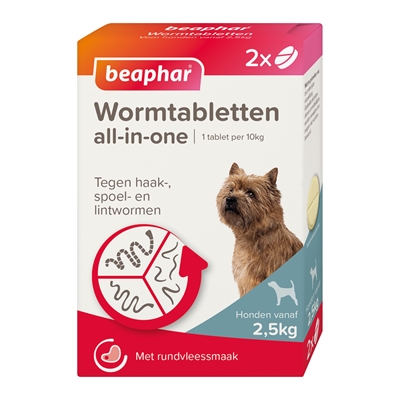 BEAPHAR Wormtablet All-In-One Hond 2 tabletten Tegen spoel-, haak- & lintwormen - vanaf 5 maanden - 2,5–20 kg