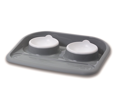 SAVIC Voer- en drinkbak Butler Antislip & morsbestendig, vaatwasserbestendig - Grijs met witte bakken - 45x36x8 cm, 2x300 ml