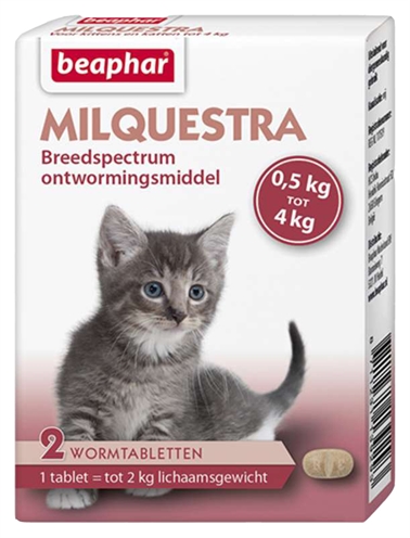 BEAPHAR Ontwormingsmiddel MILQUESTRA Kleine kat/kitten Breedspectrum (Milbemycine oxime + Praziquantel) - 2 tbl - voor 0,5–2 kg