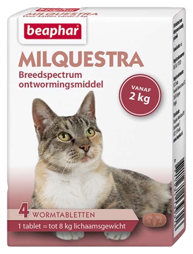 BEAPHAR Ontwormingsmiddel MILQUESTRA KAT Breedspectrum tegen lint-, spoel- & haakwormen + hartwormpreventie - Rundvleessmaak - 4 tbl