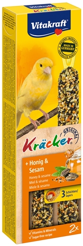 VITAKRAFT Kanarie Kräcker Honing 3x gebakken houten stokje, met vitamines en ophangclip - 2 stuks