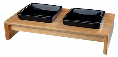 TRIXIE Voerset Keramiek Met Houten Onderstel Geluidsarm & Slipvast - Zwart - 400 ml 36x19x7 cm