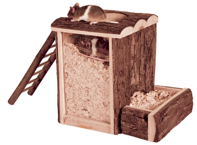 TRIXIE Speel- en Graaftoren Natural Living Hout - Gesloten zaagselbak & 2 ingangen - Naturel - 25x20x24 cm