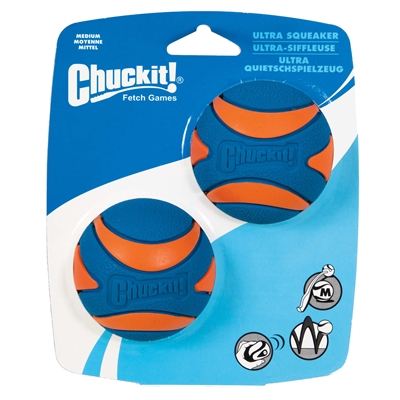 CHUCKIT Hondenspeelbal Ultra Squeaker Piepende, Duurzaam, Hoog Stuiterend - Oranje - Medium 6 cm, 2 st