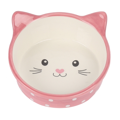 HAPPY PET Voerbak Kat Polka met kattengezicht keramiek - Roze/Crème - 300 ml
