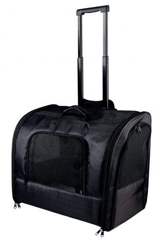 TRIXIE Reismand Trolley Elegance wielen & uitschuifbaar handvat, voor- en zijopening, schapenvacht-look - Zwart - 45x31x41 cm