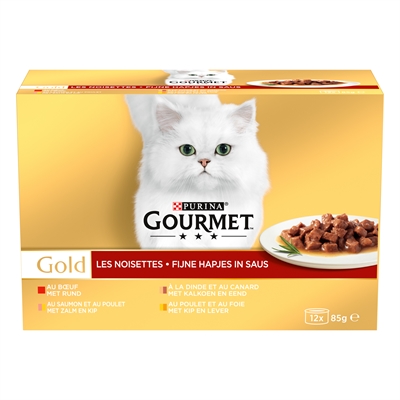 GOURMET Natvoer voor volwassen katten GOLD Fijne hapjes Variatie smaken, malse stukjes in saus - 12x85g