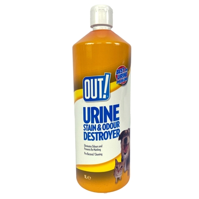 OUT! Urine Destroyer urinevlek- & geurverwijderaar Eiwitten afbrekend, neutraliseert geuren, effectief op oude en nieuwe vlekken - 1 L