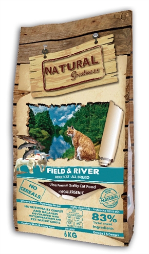 NATURAL GREATNESS Droogvoer voor katten FIELD & RIVER Hypo-allergeen zonder tarwe/maïs, 83% vlees, voorkomt haarballen - 6 kg