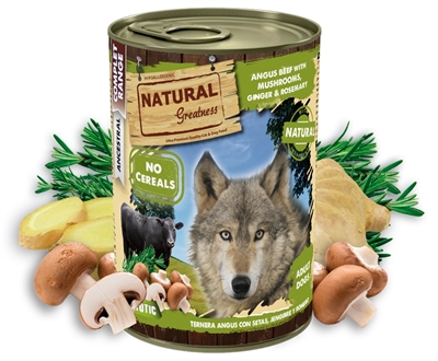 NATURAL GREATNESS Natvoer hond ANGUS BEEF MUSHROOMS GINGER ROSEMARY Rijk van smaak, laag vet - 400 g