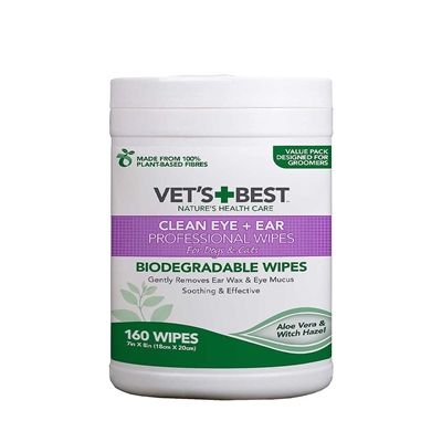 VETS BEST Oor- en Oogdoekjes Clean Ear/Eye Wipes - Mild reinigend, vermindert oorsmeer en traansporen - Aloë & plantaardig - 160 st