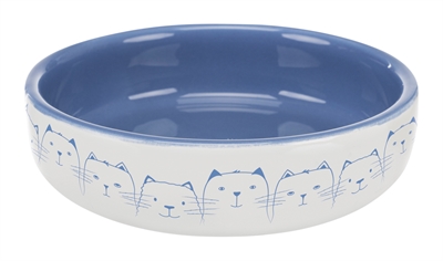 TRIXIE Voer-/drinkbak Platte Neus Extra Lage Rand Keramisch met Kattenprint - Lichtblauw/wit - 300 ml (15 cm)