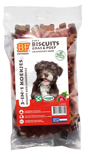 BF PETFOOD Hondenkoekjes 3-in-1 Mini Cranberry - Kaoliniet & vezels verminderen ontlastingeten, ondersteunt spijsvertering - 200 g