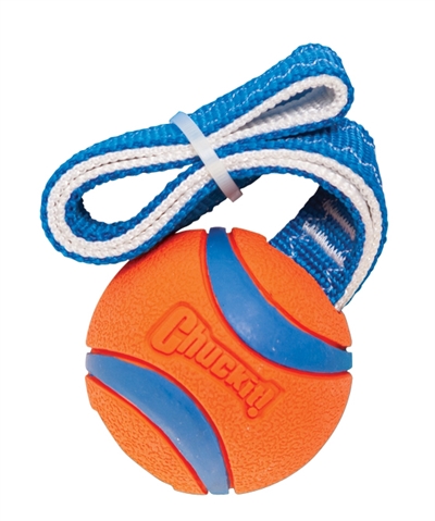 CHUCKIT Hondenspeelgoed ULTRA TUG Rubberen bal met nylon handvat, extra ver te gooien, stuitert - Felle kleuren - 26x6x6 cm