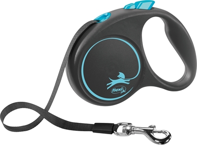 FLEXI Rollijn Black Design Tape - Band op rolmechanisme, 5 m, blokkeerfunctie - Zwart met blauw logo - S / tot 15 kg