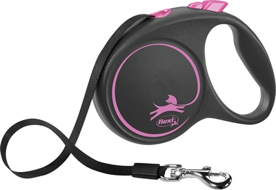 FLEXI Rollijn Black Design Tape band op rolmechanisme, blokkeerfunctie, 5 m - Zwart/roze - L tot 50 kg