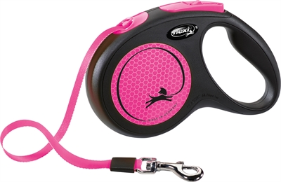 FLEXI Rollijn New Classic Neon Tape - Platte band op rolmechanisme, Reflecterend, 5 m - Zwart/Roze - M tot 25 kg