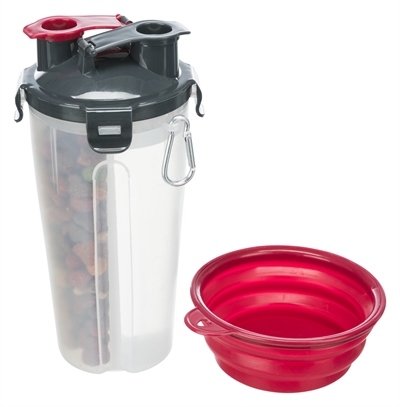 TRIXIE Water- & voerfles Reisbakmodel Gescheiden kamers en siliconen uitvouwbak met karabijnhaak - Transparant - 2x350 ml 11x11x