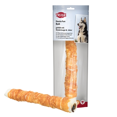 TRIXIE Kauwrol Denta Fun Filled Chicken Chewing Roll Driedelige kip-omwikkelde runderhuid gevuld met runderlever & long - naturel - 28 cm 150 g