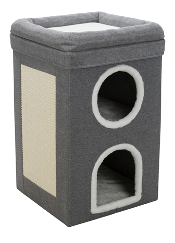 TRIXIE Krabpaal Cat Tower Saul Robuuste vierkante krabton met 2 schuilplaatsen en gevoerde ligplateaus - Grijs - 39x39x64 cm