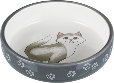 TRIXIE VOERBAK / WATERBAK PLAT KAT / POTEN KERAMIEK GRIJS / WIT