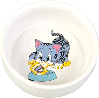 TRIXIE VOERBAK / WATERBAK STRIPKAT MET BAK KERAMIEK WIT