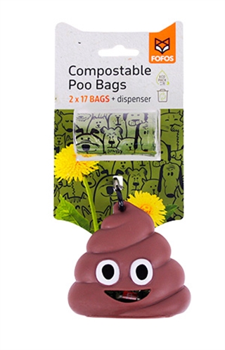 FOFOS Poepzakhouder Drol met 34 poepzakjes Clip voor riem/looplijn - Multicolor - 8x8x2 cm
