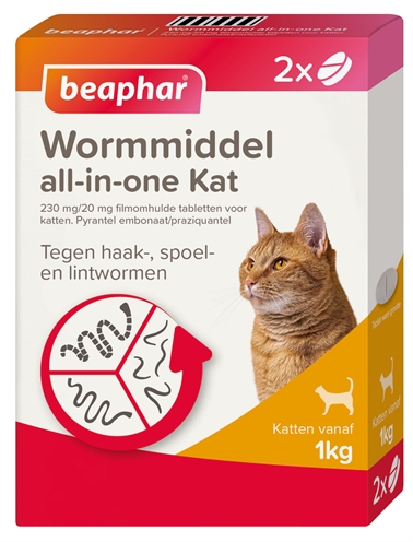 Beaphar anti-parasiet middel All-In-One kat tegen rond-, haak- en lintwormen 2 tabletten