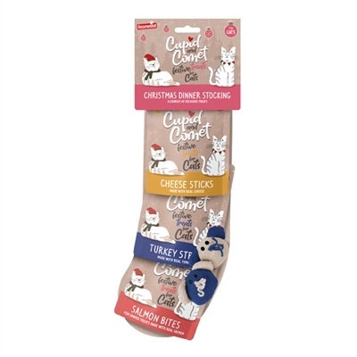 CUPID & COMET Kerstsok Kerstdiner Kat - 3 snacks (zalm, kalkoen, kaas) + 2 catnip speeltjes - Rood - 120g