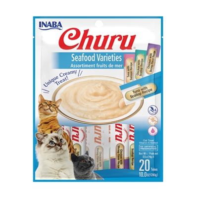 INABA Katzensnack CHURU MULTIPACK THUNFISCH &amp; MEERESFRÜCHTE 91 % Feuchtigkeitsgehalt, 6 kcal pro Tube, getreide- und konservierungsmittelfrei – 20 x 14 g