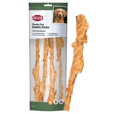 TRIXIE Kauwsnack Denta Fun Rabbit Sticks met kippenborst 68% konijnenhuid, 25% kip, hoog eiwit - Glutenvrij - 100 g