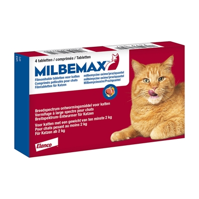 MILBEMAX Ontwormingstablet Kat | Rond-, haak- & lintwormen + hartwormpreventie - 2–8 kg - 4 tbl