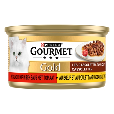 GOURMET Cassolettes Duet van vlees in saus met tomaten Volledige & delicate voeding, rund+kip, met tomaat - Goud - 24x85 g