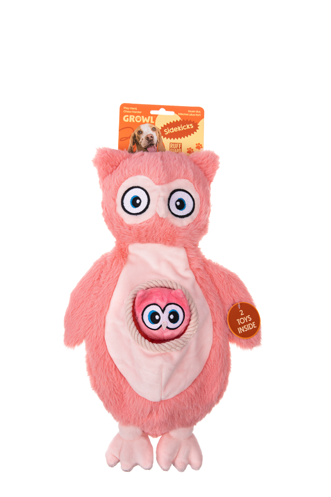 Growl Sidekicks Hoot en Hootlet jouet en peluche pour chien avec petits jouets