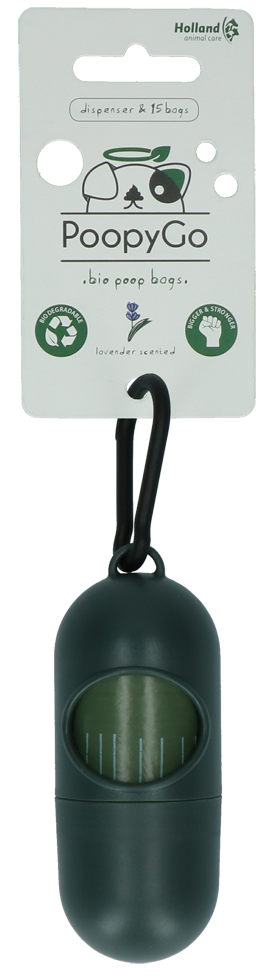 PoopyGo distributeur avec 15 sacs à crottes parfum lavande