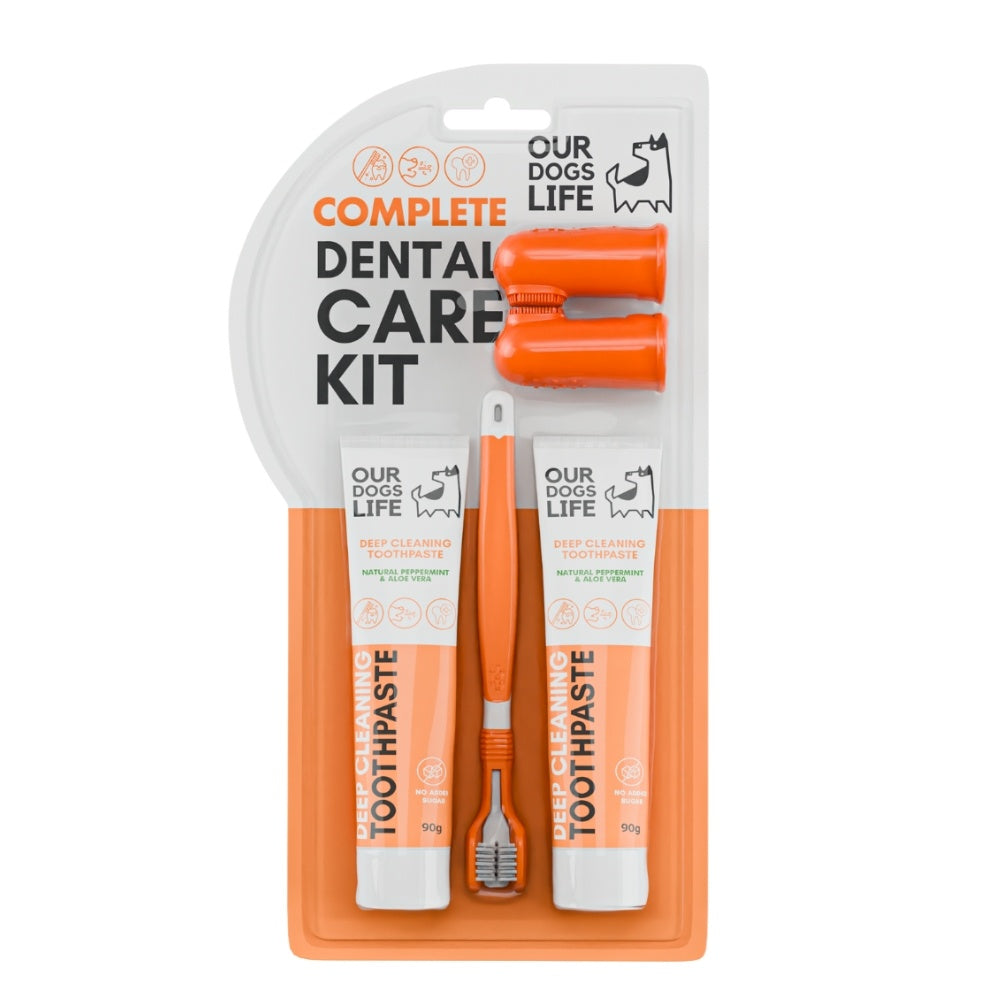 OurDogsLife Dental Kit tandenborstel 3-koppig + 2 tubes tandpasta
