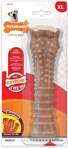 NYLABONE Kauwspeeltje Dura Chew - Duurzaam voor harde bijters, zacht midden masseert tandvlees - Baconsmaak - Vanaf 23 kg