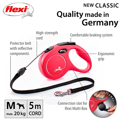 FLEXI Rollijn Classic Cord Dubbele remtechniek 5 m - Rood - tot 20 kg