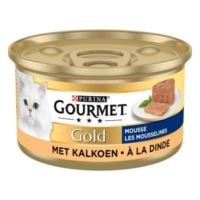 GOURMET Kattenmousse Gold Fijne Kalkoen - Volledige voeding, Malse mousse, Hoogwaardige receptuur - Goud - 24x85 g