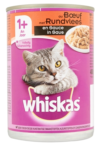WHISKAS Blik kattenvoer Adult Rund in Saus Volledige voeding met vitamines & mineralen - 12x400 g